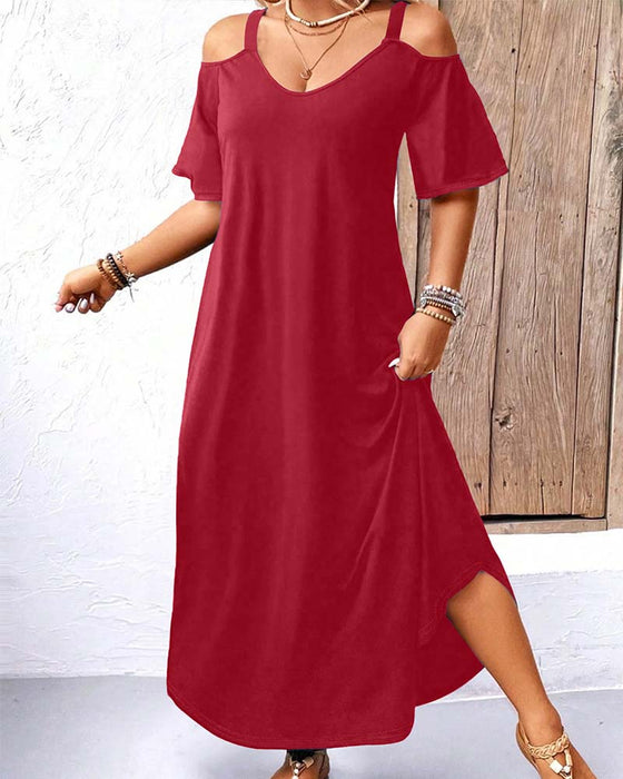 Robe Unie Col En V Épaules Dégagées Longue