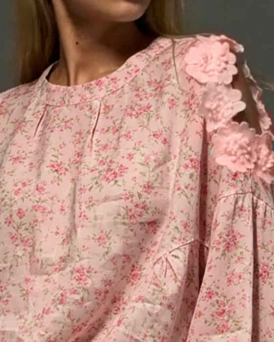 Blouse Col Rond Off-Shoulder Floral Lâche