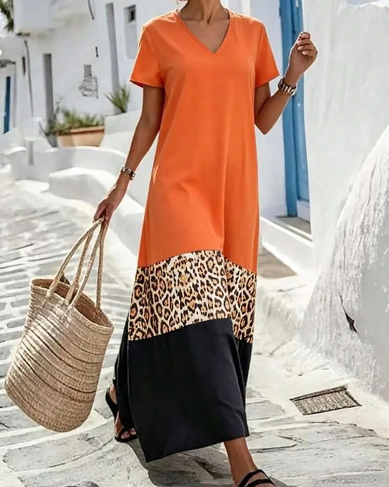 Robe Maxi Col En V Bloc De Couleur Patchwork Léopard