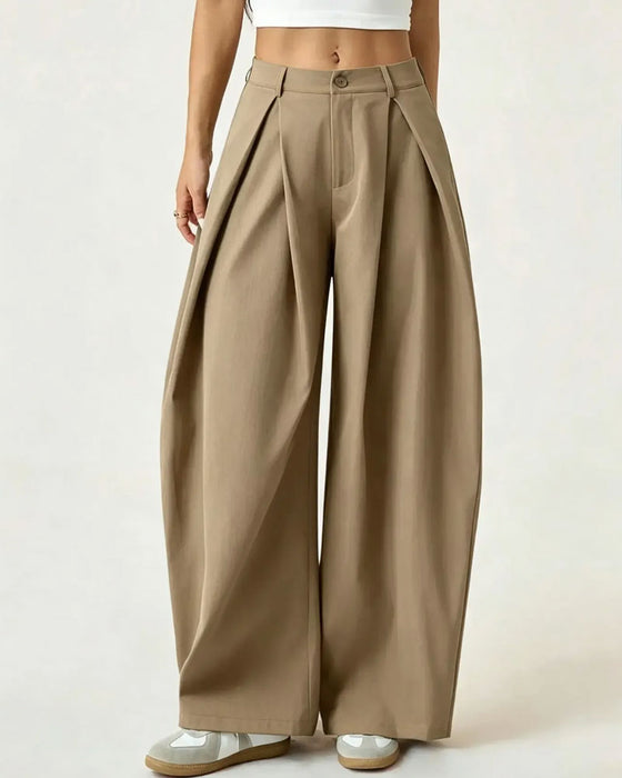 Pantalon Taille Haute Plissé Jambe Large