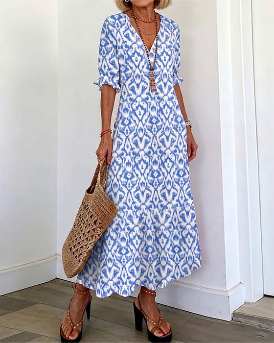 Robe Col En V Manches Mi-Longues Volant Coupe A