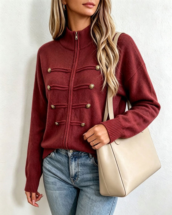 Cardigan Col Mandarin Mode Fermeture Éclair Tricoté