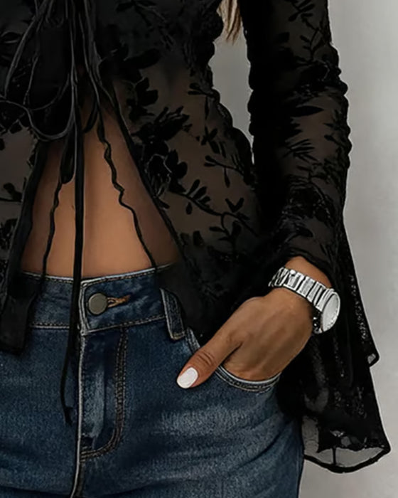 Blouse Col En V Fente Dentelle Panneau Cordon De Serrage