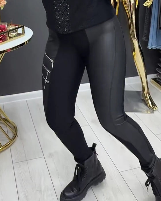 Legging PU Patchwork Fermeture Éclair Orné