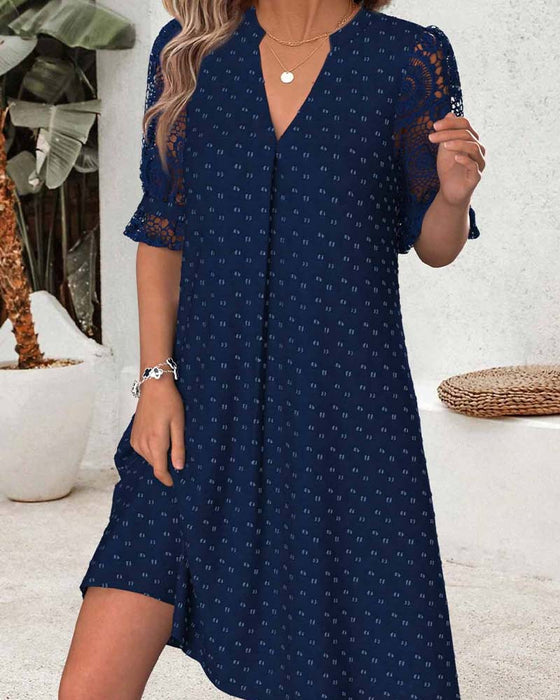 Robe Col V Imprimé Dentelle Patchwork Ligne A