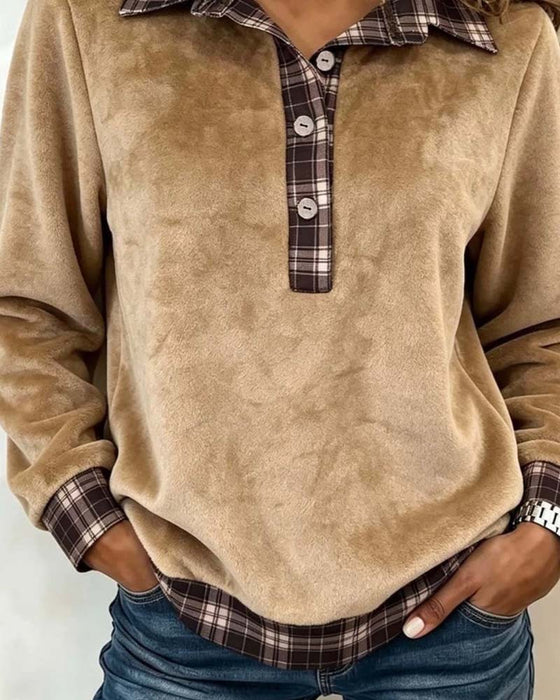 Sweat Col Rabattu Bouton À Carreaux Patchwork