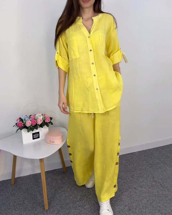 Ensemble chemisier et pantalon large en dentelle avec poche boutonnée et couleur unie