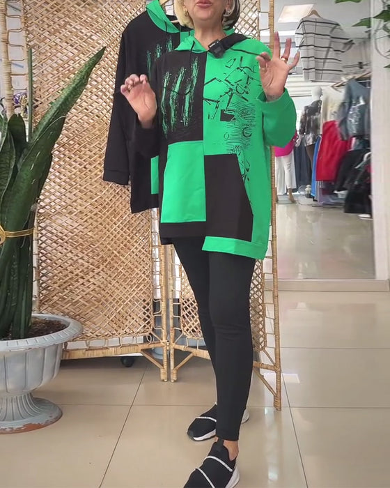 Sweat-shirt décontracté à capuche imprimé colorblock