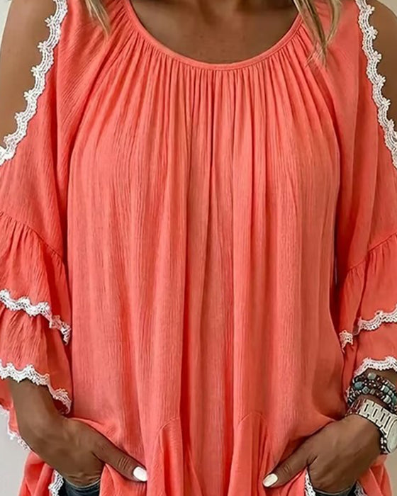 Blouse Épaules Dégagées Volant Manche Chauve-Souris Coupe Loose
