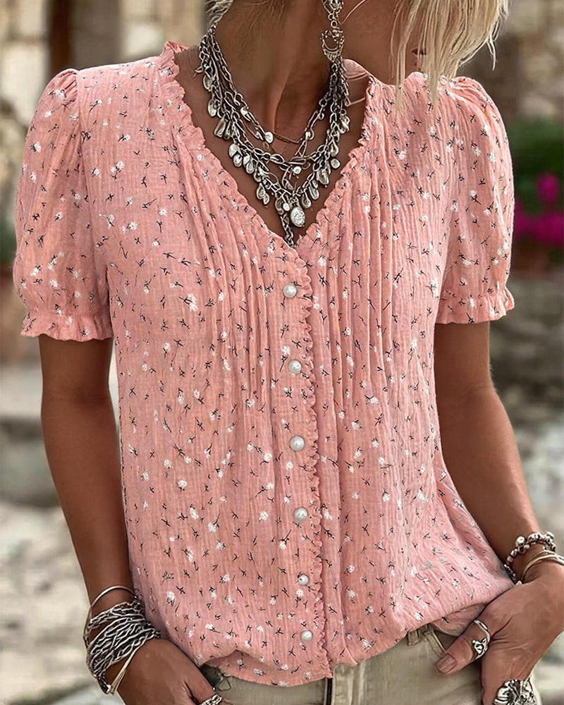 Chemisier Manches Bouffantes Imprimé Floral Manches Courtes