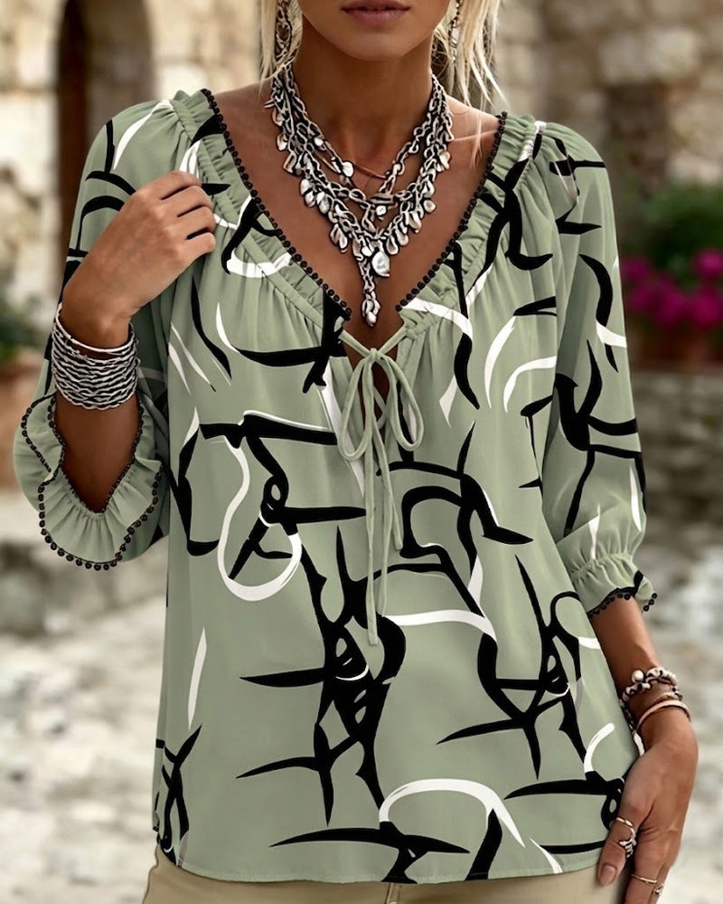 Blouse Imprimé Abstrait Col En V Lacets