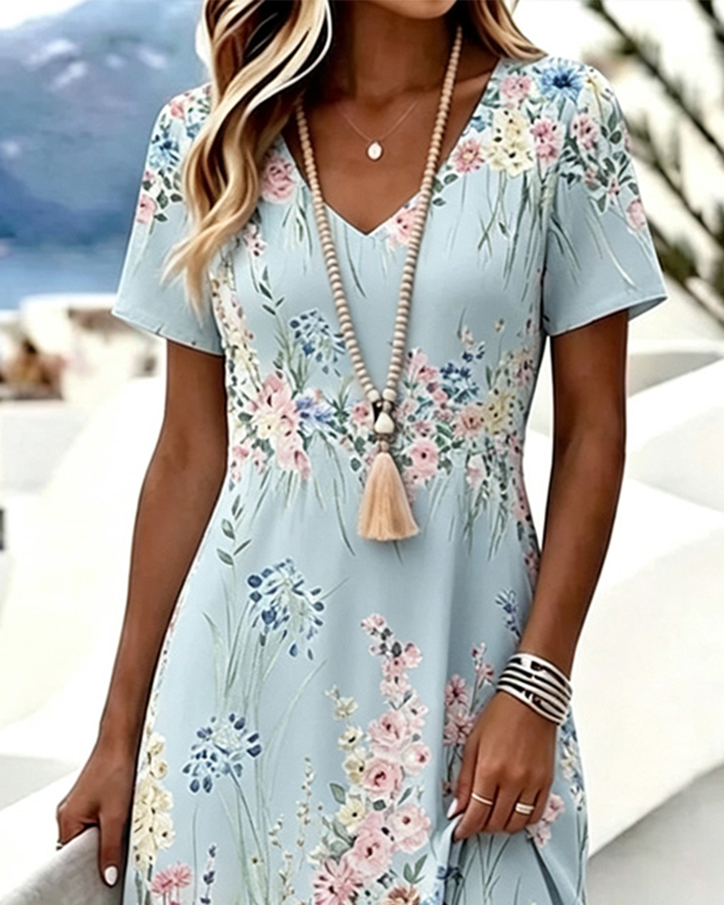Robe Col V Florale Manche Courte A-Ligne