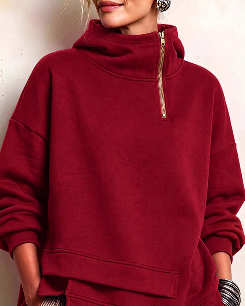 Sweatshirt Col Roulé Fermeture Éclair Irrégulière