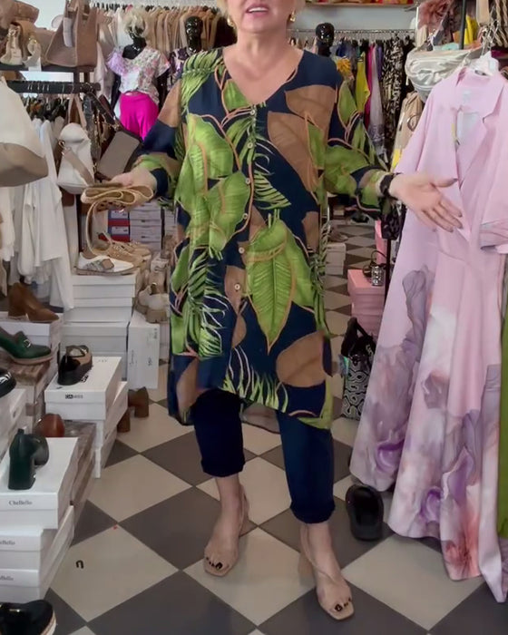 Robe Ample À Imprimé Feuillage Et Col En V