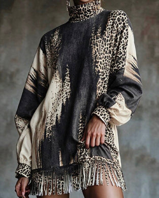 Robe Col Roulé Léopard Bloc De Couleur