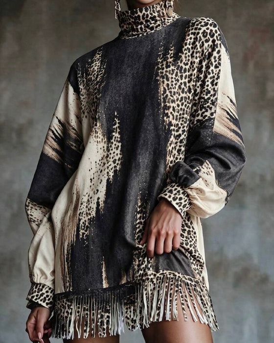 Robe Col Roulé Léopard Bloc De Couleur