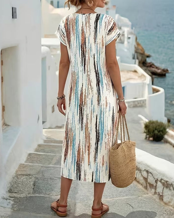Robe Col Rond Rayure Verticale Imprimé