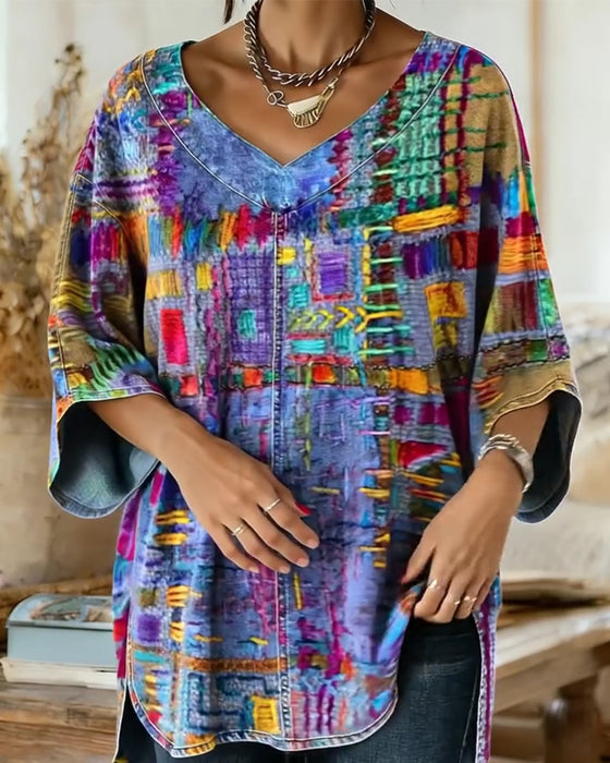 Blouse À Imprimé Géométrique Coloré Avec Manches Larges
