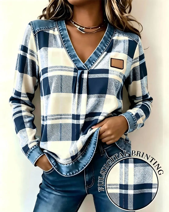 Haut Col En V À Carreaux Denim Patchwork