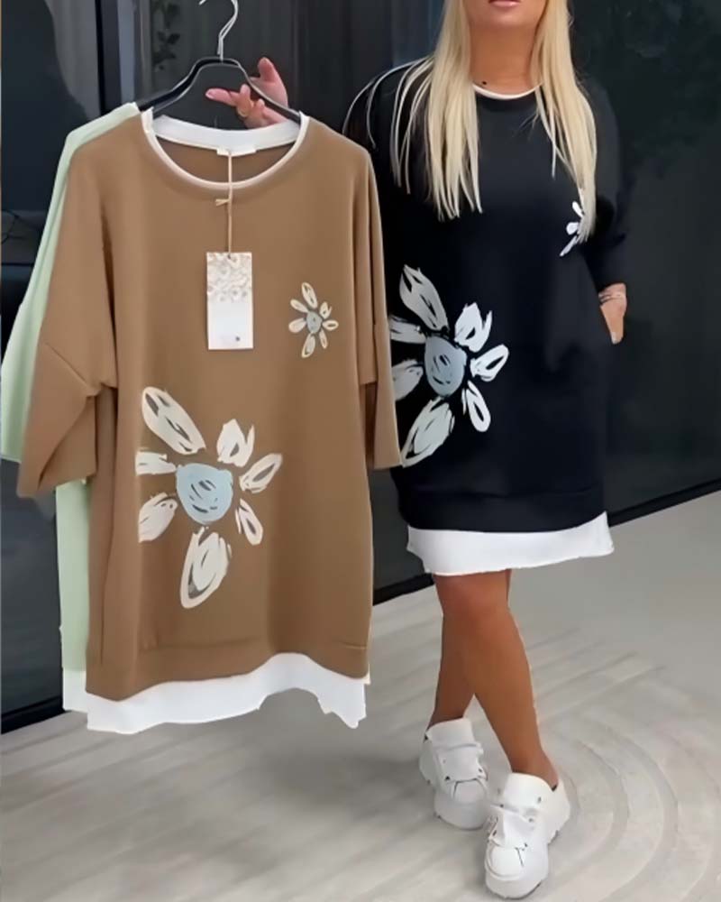 Robe Sweatshirt Col Rond Imprimé Patchwork