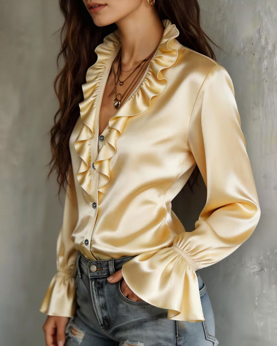 Chemise Volant Col V Bouton Manche Longue