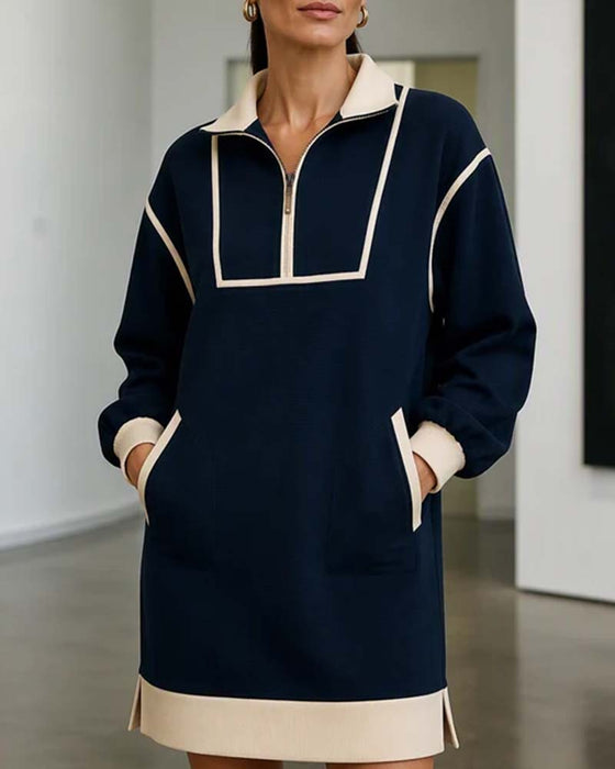 Robe Demi Zip Manches Longues Blocs De Couleurs Courte