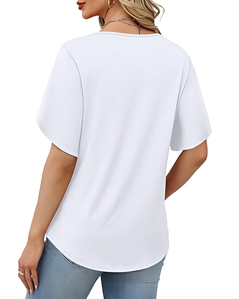 T-Shirt Col En V Petite Fente Manches Courtes Unie