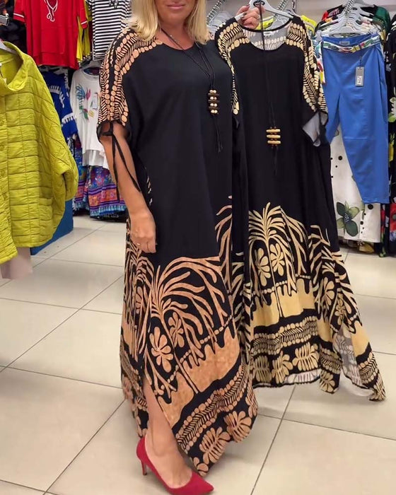 Robe ample imprimée à lacets, col rond, manches courtes