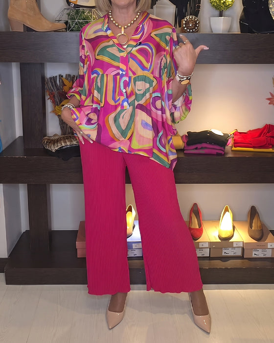 Blouse Colorée Géométrique Manches Ballon Imprimée