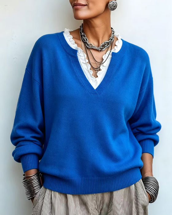 Pullover Faux Deux Pièces Col En V Bordure En Dentelle