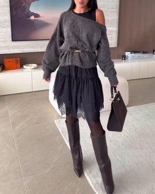 Décolleté Épaules Nues Loose Pull & Ourlet Dentelle Robe