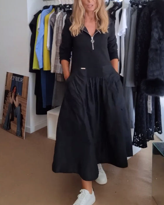 Robe décontractée à capuche avec fermeture éclair et poches patchwork