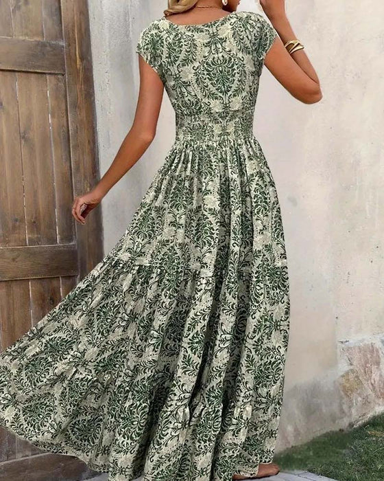 Robe Rétro Imprimé Col En V Taille Cintrée Longue