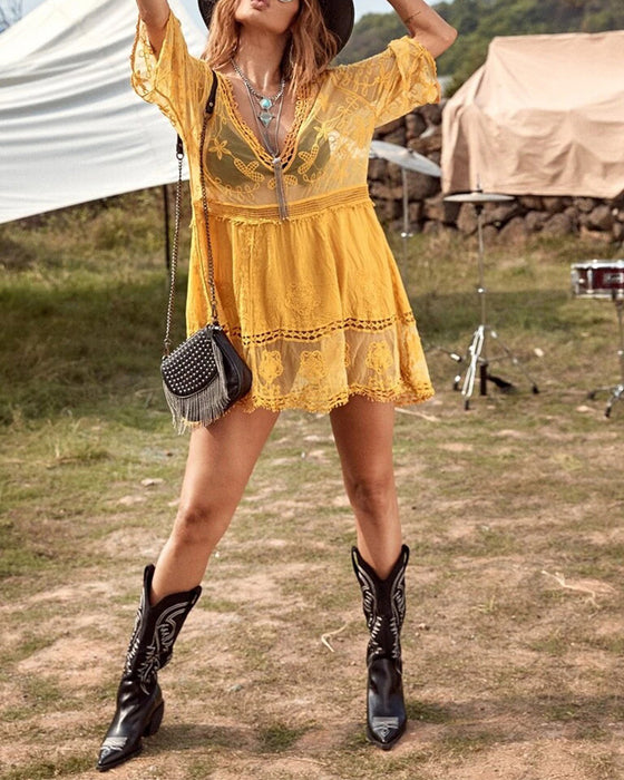 Smock V-Neck Brodé En Dentelle