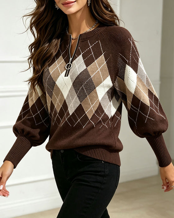 Pull À Carreaux Jacquard Demi-Zip Manches Lanterne