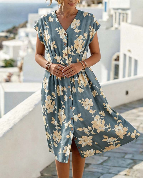 Robe Col En V Imprimé Taille Cintrée Boutonnage Devant