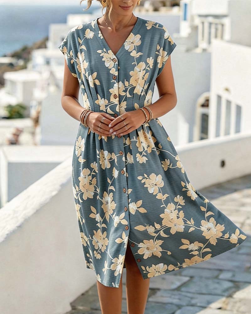 Robe Col En V Imprimé Taille Cintrée Boutonnage Devant