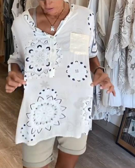 Blouse Polyvalente Col En V Imprimée Manches Mi-Longues