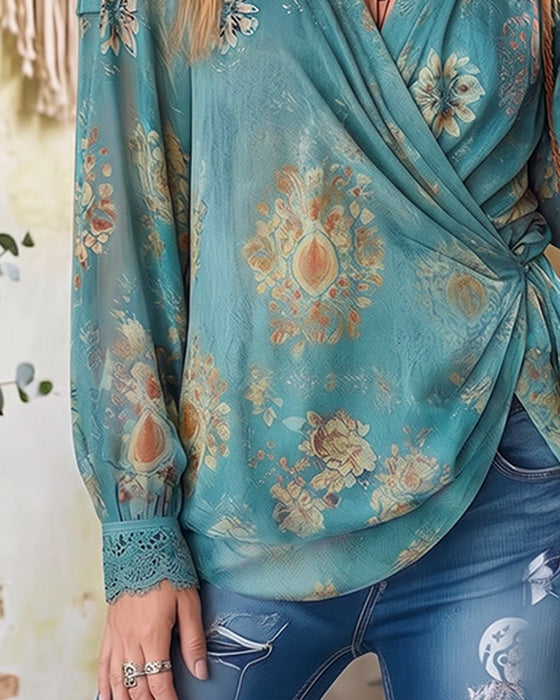Haut Col V Croisé Froncé Dentelle Patchwork