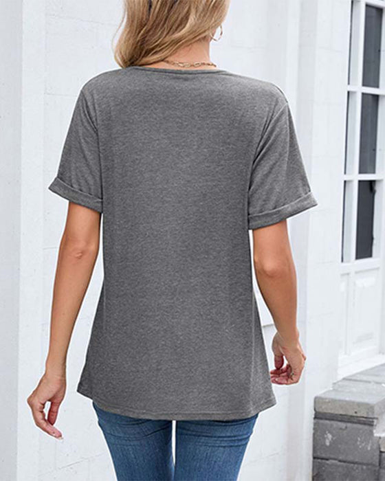 T-Shirt Unie Col En V Décontracté Manches Courtes