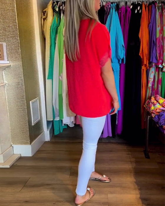 Haut de couleur unie à col en V en dentelle épissée