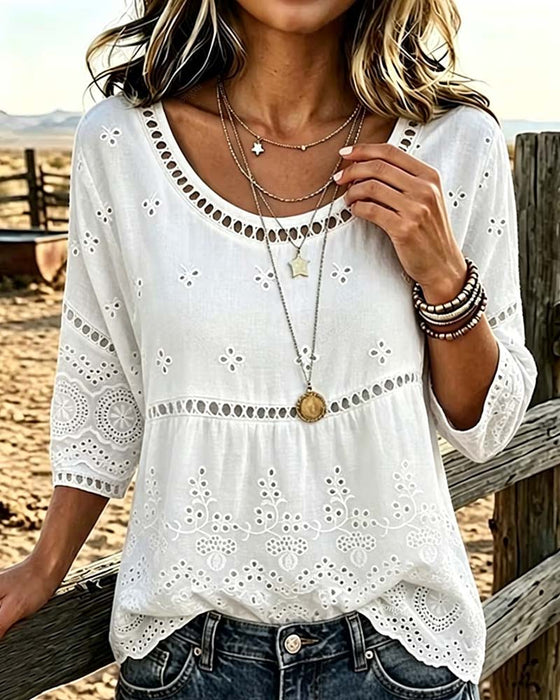 Blouse Col Rond Évidé Unie