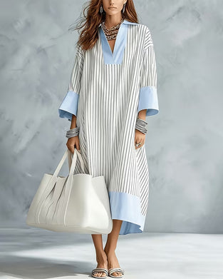 Robe Bloc De Couleur Rayée Chemise Longue
