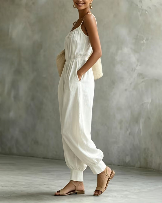 Jumpsuit Bretelle Spaghetti Plissé Cintré Jambe Large