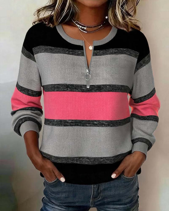 Sweatshirt Fermeture Éclair Rayé Manches Longues