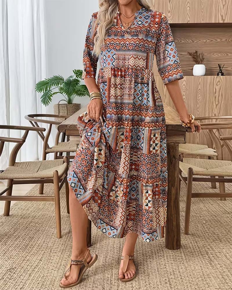 Robe Ethnique Imprimé Géométrique Longue