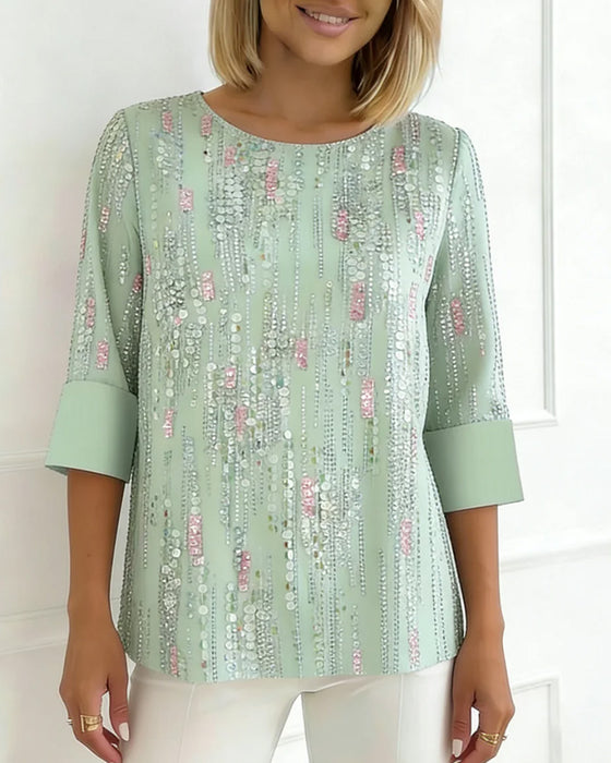 Blouse Décontractée Col Rond Imprimé Demi-Manche