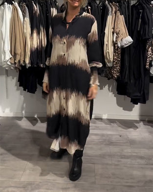 Robe Chemise Manches Lanternes Boutonnée Peinture À L'encre