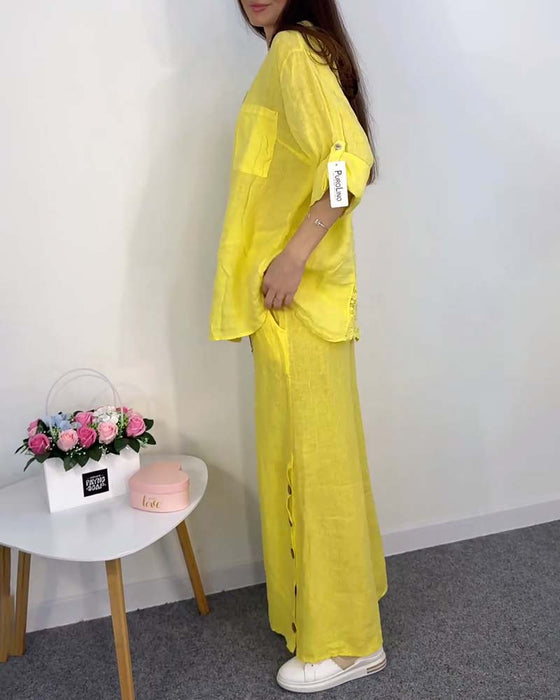 Ensemble chemisier et pantalon large en dentelle avec poche boutonnée et couleur unie