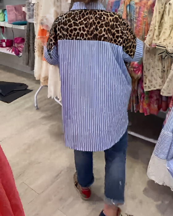 Chemise À Revers Rayé Imprimé Léopard